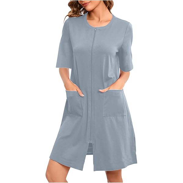 thumbnail image 2 of Oplxuo Women's Zip-Up Short Robe - Front Zipper House Coat With Pockets, Lightweight Loungewear 2 of 10