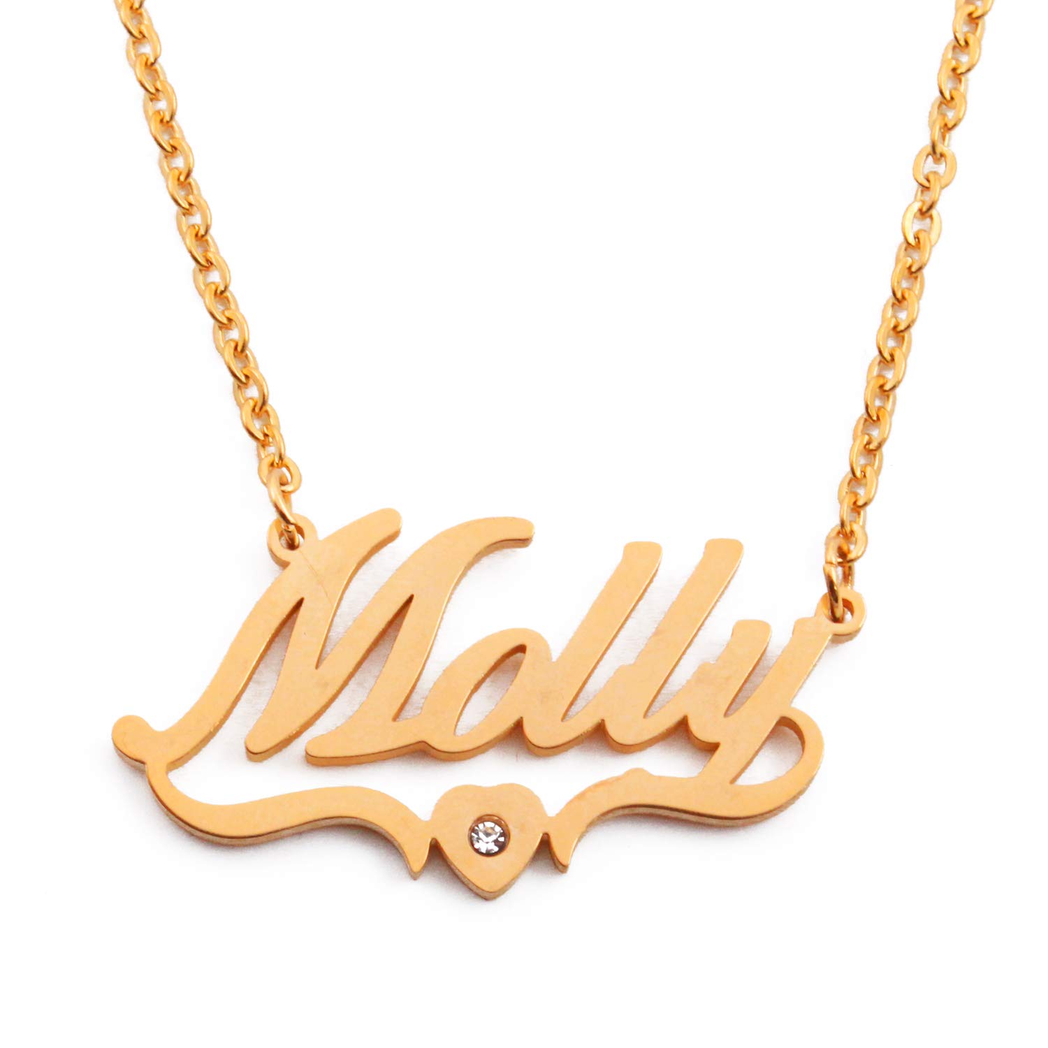 Kigu Molly Name Necklace Heart Shaped Personalised Gold Plated, Custom Dainty Name Pendants, Jewellery for Ladies, Girlfriend, Mother, Sister, Friends Inc Bag & Box