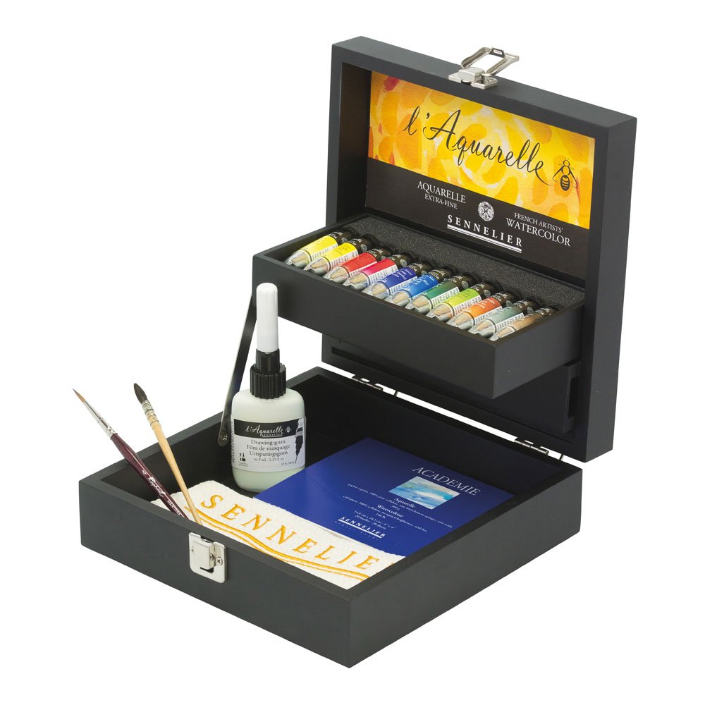 Sennelier French Artist Watercolor Set Featured in an Elegant Black Wooden Box, 11 Aquarelle Watercolor 10ml Tubes with 2 Brushes, 1 Small Watercolor Pad, Sennelier Cloth and Drawi