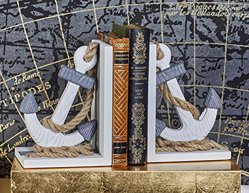 Deco 79 98863 Pair of Wooden Anchor Bookends with Rope Accents, White/Black/Brown