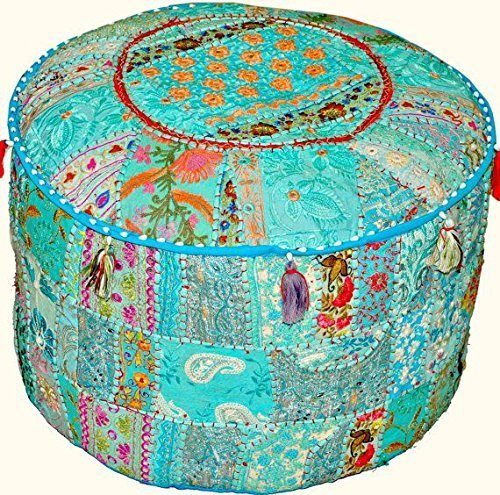 Indian Traditional Home Decorative Ottoman Handmade Pouf,Indian Comfortable Floor Cotton Cushion Ottoman Cover Embellished With PatchWork And Embroidery Work,Indian Vintage Ottoman Turquoise Pouf 12x16