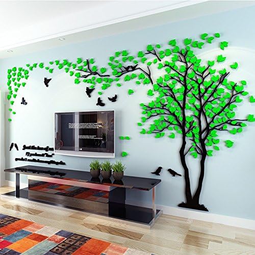 3D Wall Decals Tree Birds Wall Stickers Wall Murals Acrylic DIY Wall Backdrop Wall decoration (Green-Right, L)