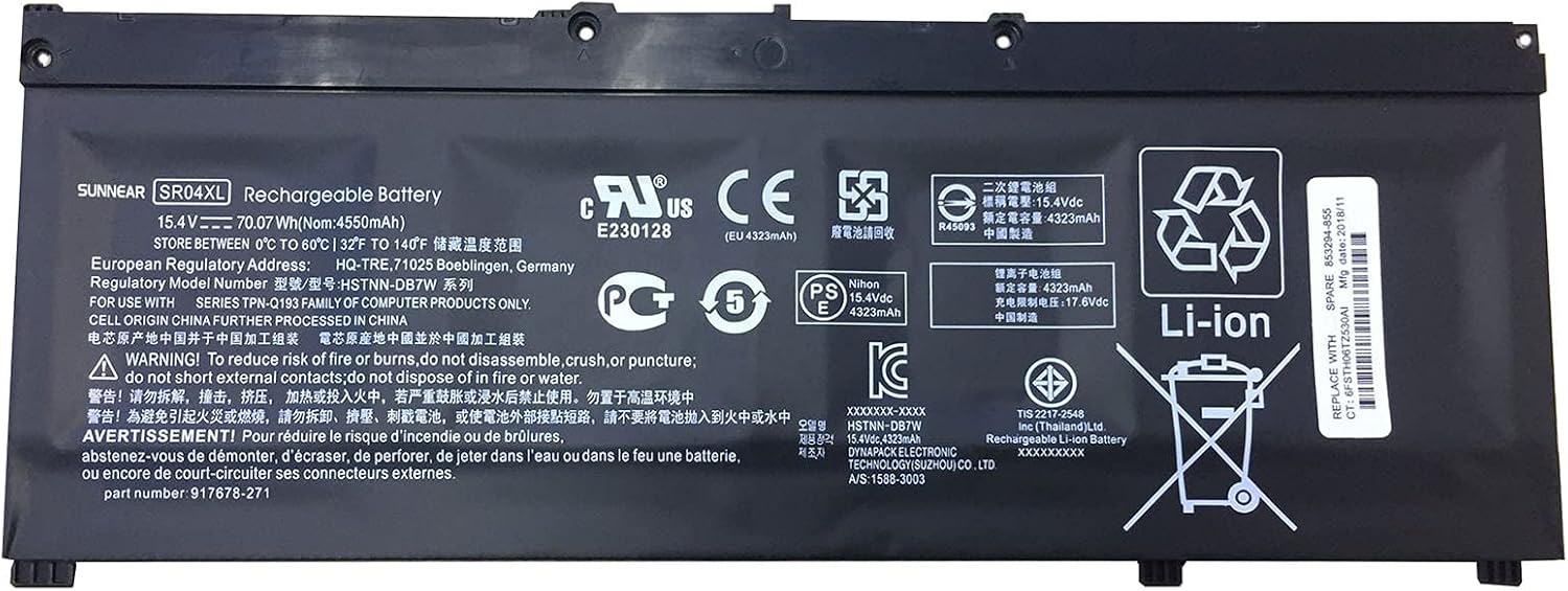 SUNNEAR SR04XL 917724-855 Battery Replacement for HP Omen 15-CE015DX 15-CE000 15-DC0000 Pavilion 15-CB000 Series Laptop 917678-271 917678-171 917678-2B1 917678-1B1 853294-855 HSTNN-DB7W 15.4V 70.07Wh