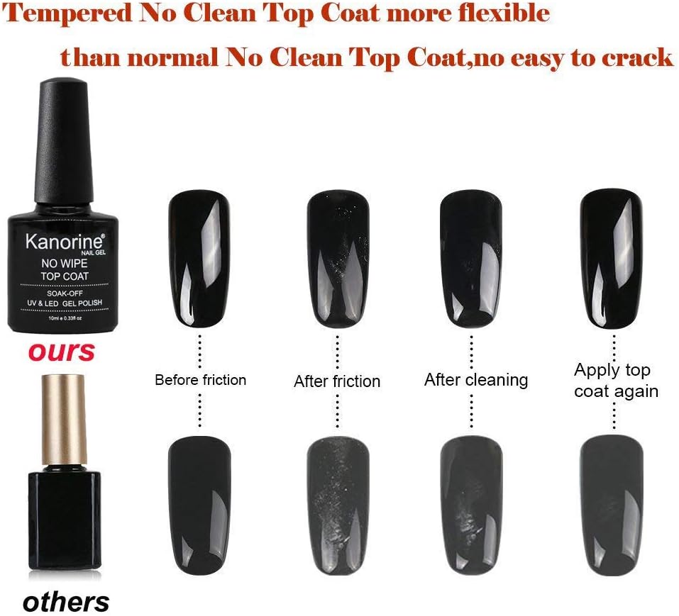 Kanorine No-Wipe Top and Base Coat Gel Nail Polish Set Soak-Off UV/LED Gel Nail Lacquer Long-Lasting Gloss and Shiny Finish- 2 x 10ml : Beauty