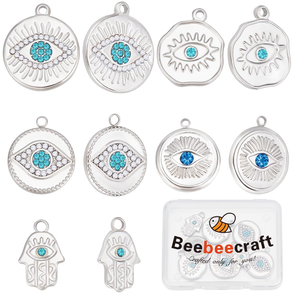 Beebeecraft 1 Box 10Pcs 5 Style Rhinestone Evil Eye Charms 304 Stainless Steel Evil Eye Hamsa Hand Charm Flat Round Lucky Eye Charm for jewellery Making (Silver)