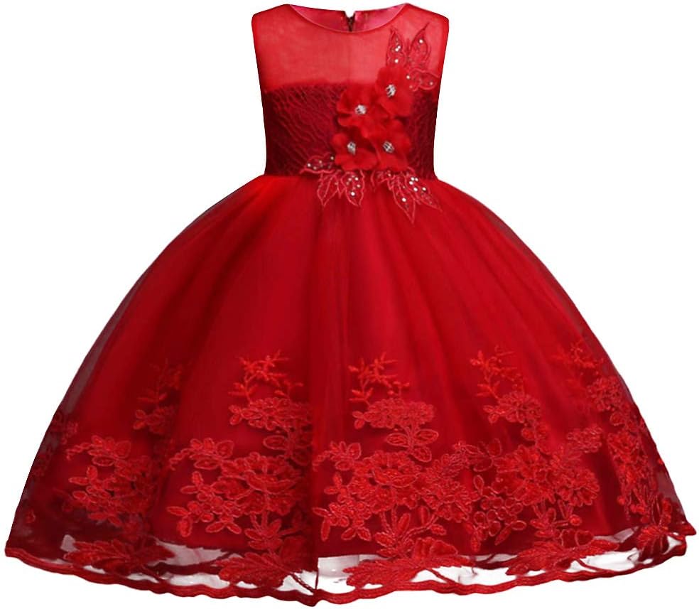 HUANQIUE Little Big Girls Pageant Wedding Flower Girl Dress 3-14 Years Red 5-6 T
