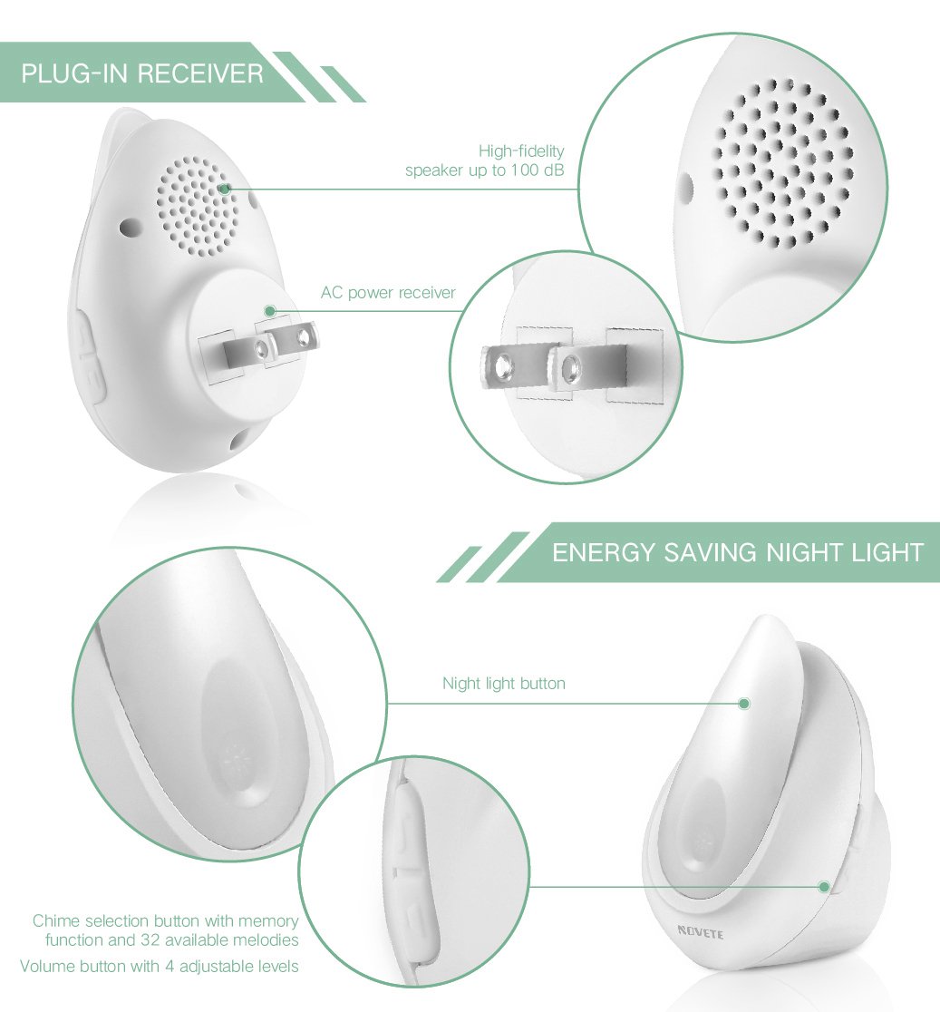 NOVETE Ecody Wireless Doorbell with LED Light, Door Chime Kit w/ Kinetic Self Powered (No Battery Required) and IP7 Waterproof Weatherproof (Immersible in water) Transmitter
