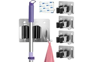 HAOYOWJY Mop Holder and Broom Holder Wall Mount Stainless Steel 304 Tool Garage Organization Rack Screw and Self Adhesive Broom Hanger Heavy Duty 4pcs