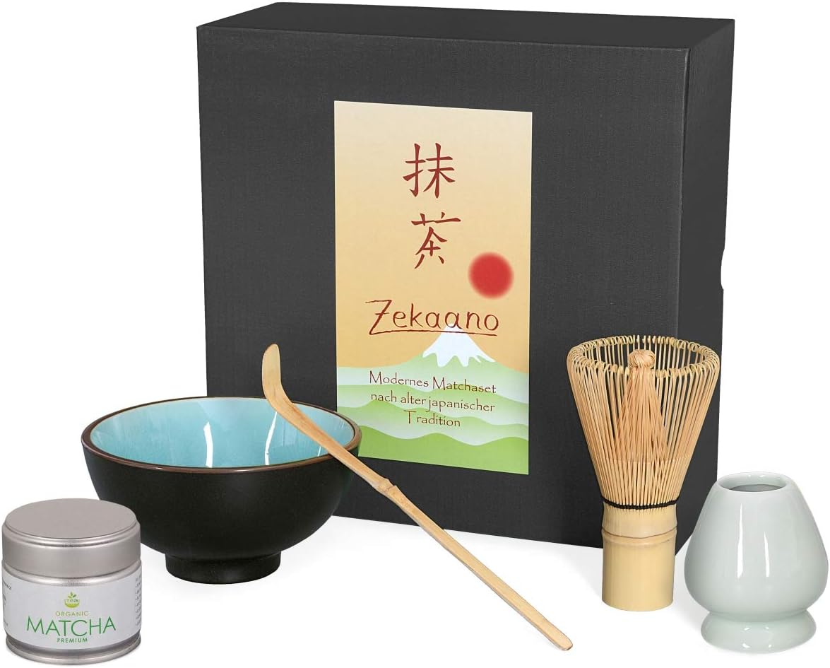 Aricola®, organic matcha starter set, 5 pcs, sky blue crackle, includes matcha bowl, matcha spoon and bamboo matcha whisk, elegant gift box -