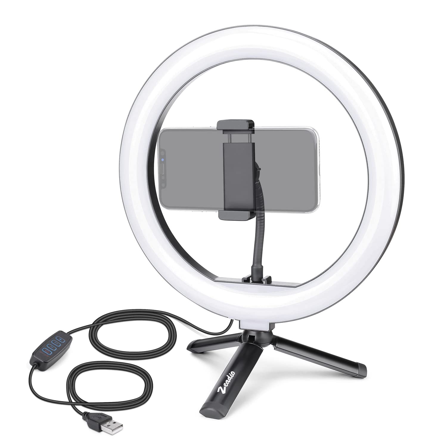 Zeadio 10"/26cm Selfie Ring Light, come with Desktop Metal Tripod and tripod ball head mount, 3 Light Modes Dimmable LED Ring Light for Live Streaming, YouTube, TikTok etc