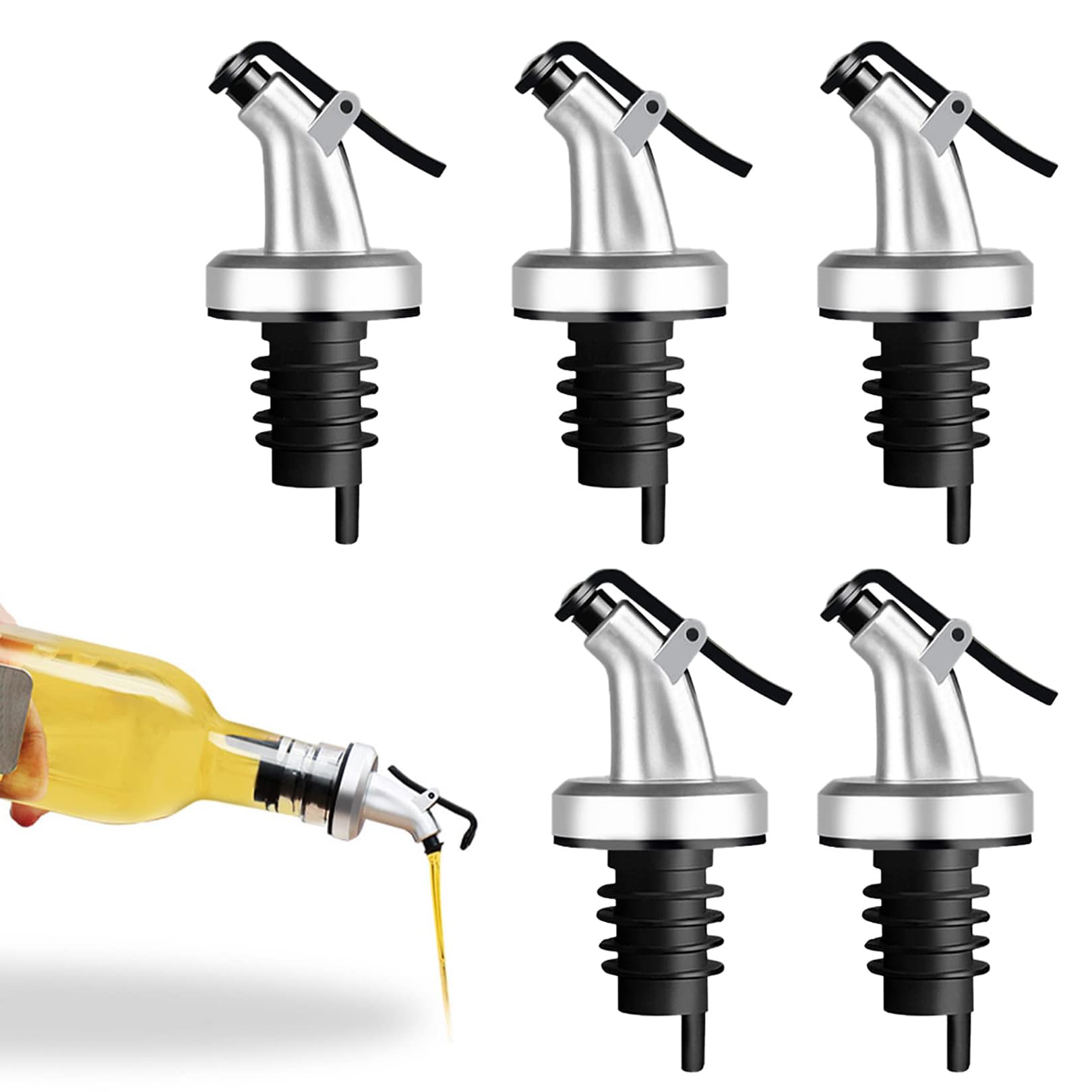 5Pcs Oil Pourer Spout,Olive Oil Bottle Stopper Spout,Leak-Proof Dispenser Wine Pourer for Vinegar Bottles Salad Bottles, Wine Liquor Spirits Bottle Speed Pourer Spout