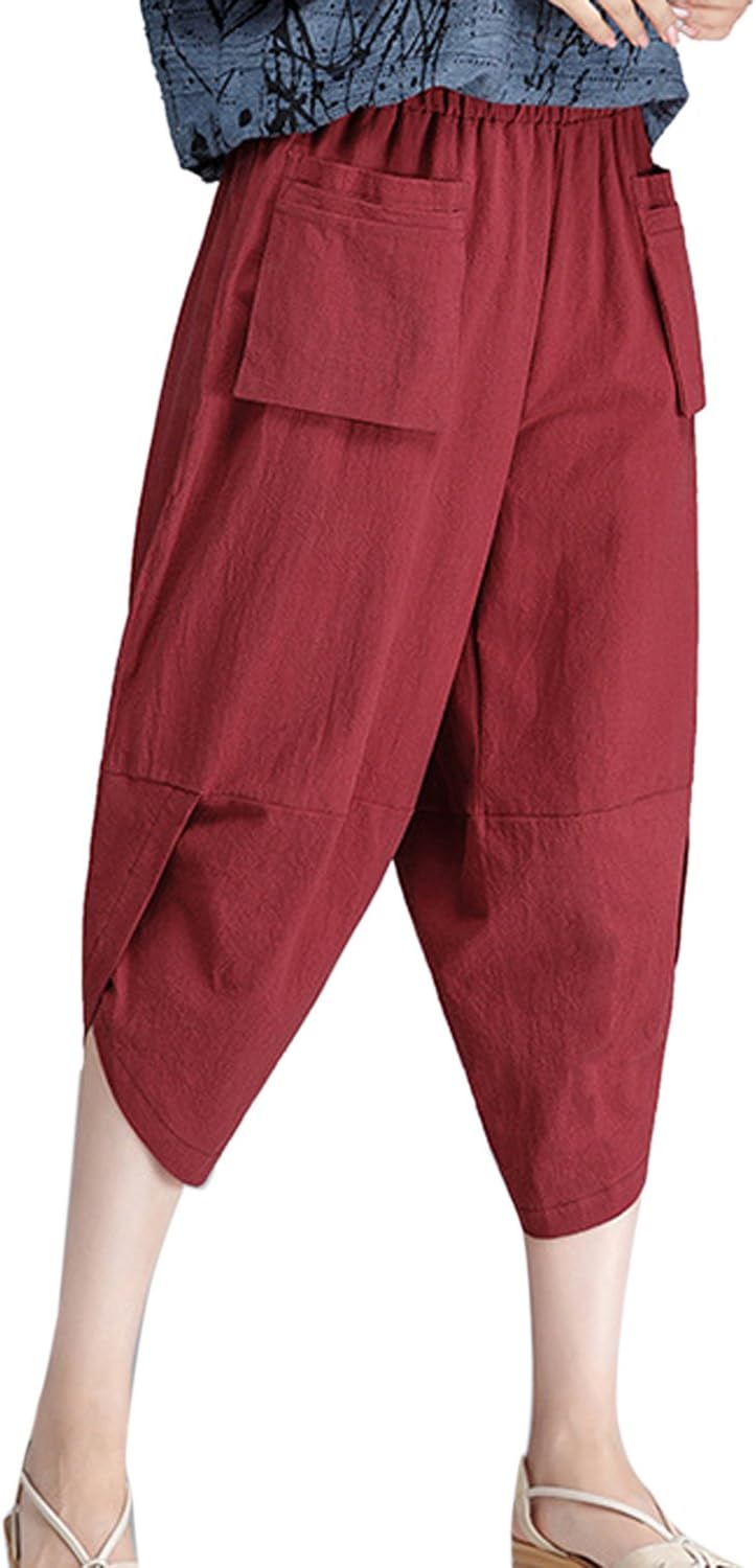 Simgahuva Die Frauen Der Baumwolle Und Leinen Capris Elastischen Bund Locker Harem Pants Rot M