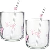 Skylety 2 Set Pink Bow Icon Juice Glass with Pink Bow Glass Straws Aesthetic Cup 14 Ounce Double Old Fashioned Icon Handblown Cocktail Cup for Women Sister Friend Part, Not Suitable for Hot Water