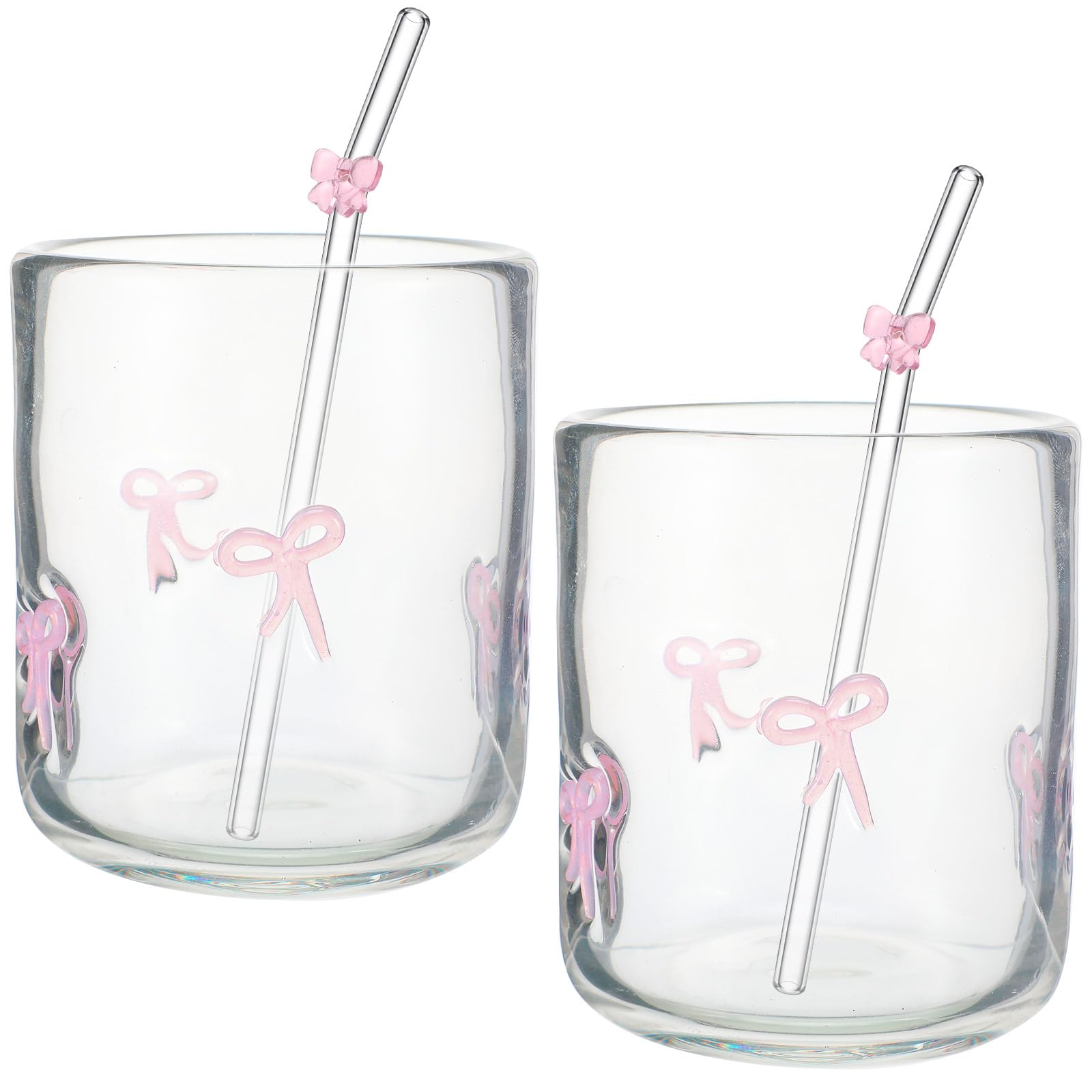 Photo 1 of Skylety 2 Set Pink Bow Icon Juice Glass with Pink Bow Glass Straws Aesthetic Cup 14 Ounce Double Old Fashioned Icon Handblown Cocktail Cup for Women Sister Friend Part, Not Suitable for Hot Water