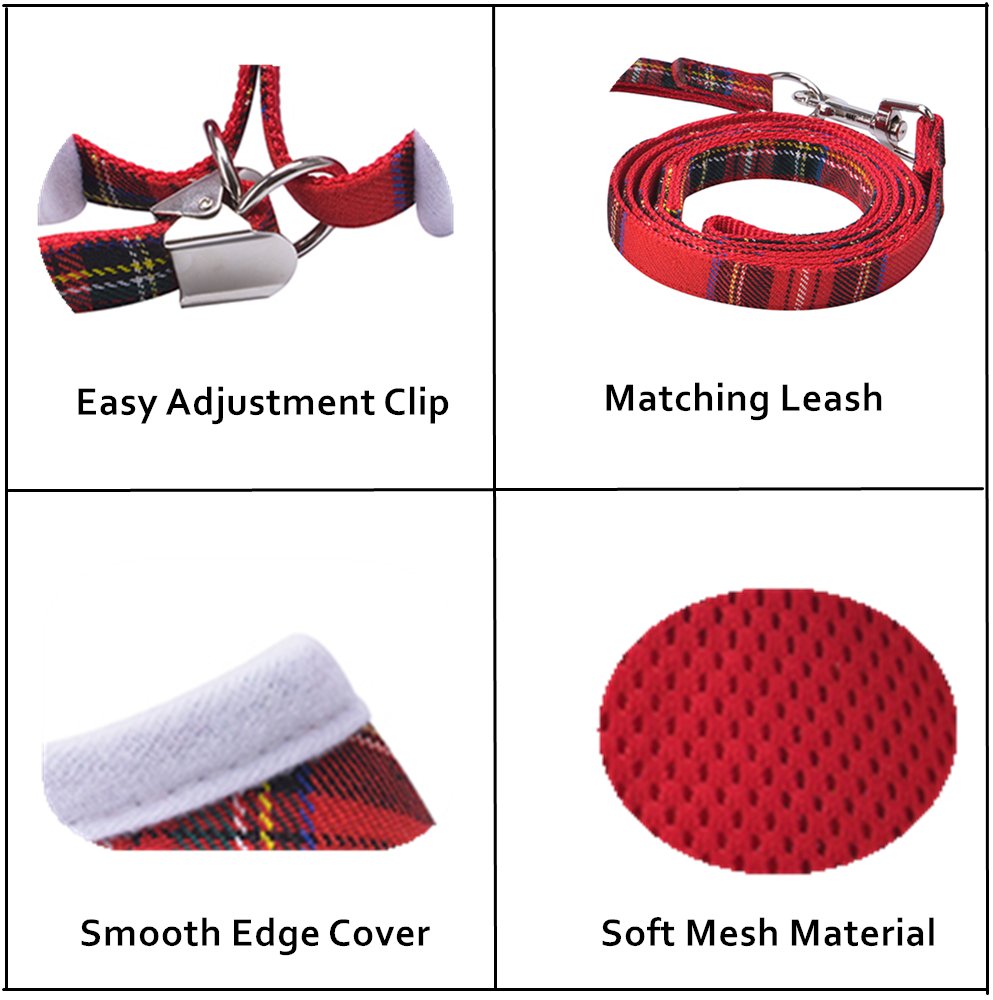 Small Dog Harness and Lead - Red Plaid Adjustable Vest for Puppy Cats Small Pets Cute and Soft