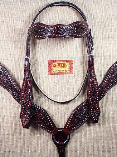 HILASON WESTERN ACORN TOOL LEATHER BRIDLE HEADSTALL BREAST COLLAR DARK MAHOGANY