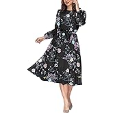 Aberyamee Women's O-Neck Elastic Waist Floral Flared Midi Dresses Bohemian Chiffon Casual Dress with Belt