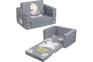 ALIMORDEN 2-in-1 Flip Out Comfy Toddler Couch, Lovely Kids Chair Convertible Sofa to Lounger for Story/Nap Time, Grey Unicorn