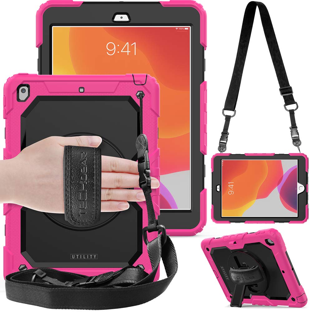 TECHGEAR Utility Case for iPad 10.2 2021/2020/2019 [9th, 8th and 7th Generation] Hard Shockproof Protective Cover with 360 Degree Swivel Stand, Shoulder Strap and Hand Grip [Pink] — image 1