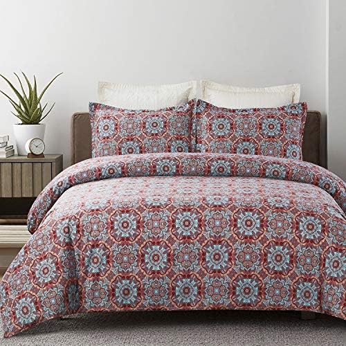 YEPINS Lightweight Microfiber Duvet Cover Set with Zipper Closure, Bohemian Exotic Style Pattern Design (Dark Red, King Size)