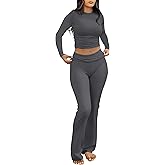 ANRABESS Women 2 Piece Outfits Fall Lounge Sets Long Sleeve Cropped Top Fold Over Flare Pants Comfy Pajamas Set Y2K Clothes