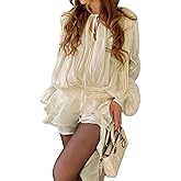 NIFTRIRY Two Piece Skirt Set for Women Long Sleeve Crew Neck Button Ruffle Elegant Dress Tops with Shorts Sexy Party Wear