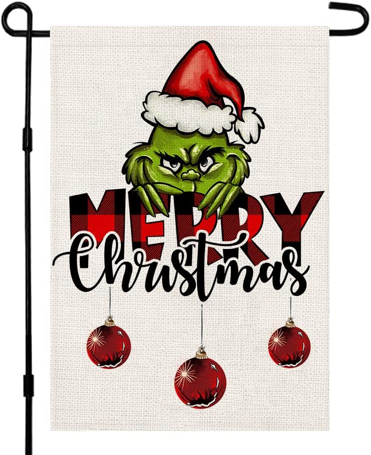 Flags - Merry Christmas Grinch Garden Flag Double Sided Vertical Burlap 12×18 Inch, Winter Xmas Yard Outdoor Decor DF146