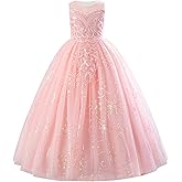 IDOPIP Sequin Appliques Flower Girl Dress for Kids Wedding Pageant Party Long Gown Princess Birthday Communion Tulle Dresses