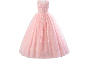 IDOPIP Sequin Appliques Flower Girl Dress for Kids Wedding Pageant Party Long Gown Princess Birthday Communion Tulle Dresses