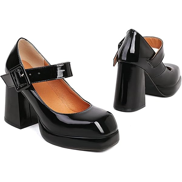 Richealnana Women's Mary Jane Pumps - Square Toe Buckle Strap High Heel Platform Shoes