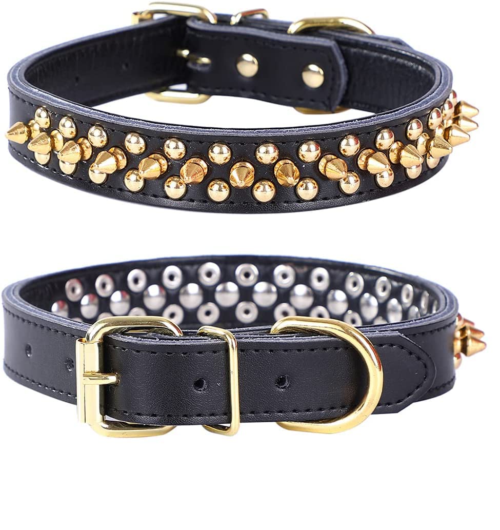 haoyueer Spiked Studded Dog Collar, Genuine Leather Dog Collar, Adjustable Pet Collars for Medium Large Bulldog Pitbull Mastiff Poodle Boxer (S, Black)