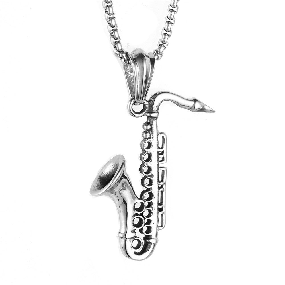 OAKKY Men's Stainless Steel New Saxophone Instrument Pendants Necklace with Chain