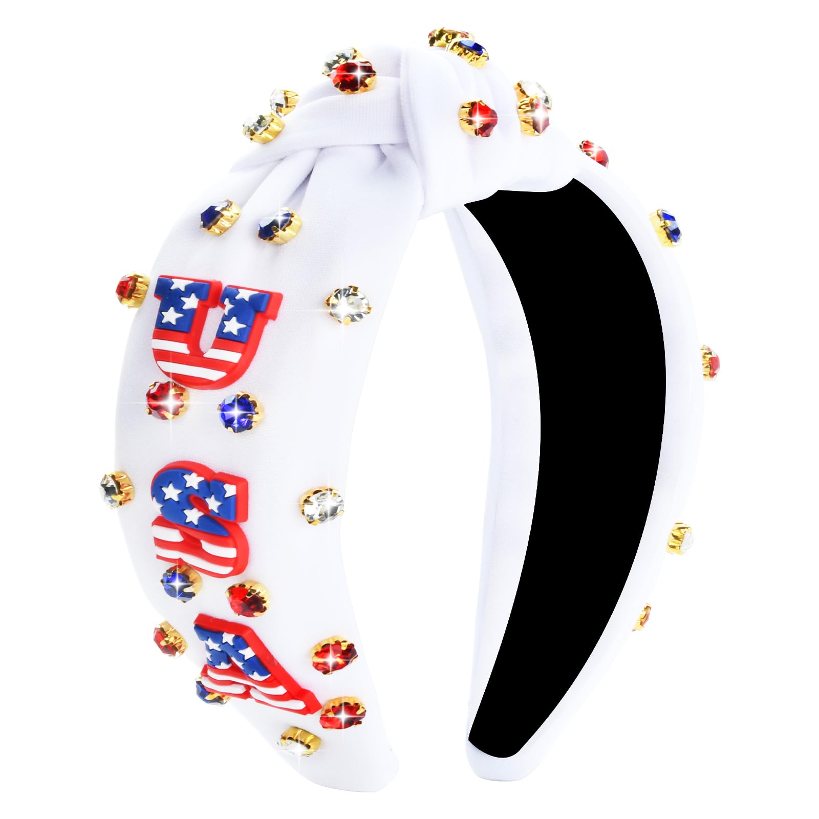 Photo 1 of ABONDEVER Patriotic Rhinestone Headband for Women Beaded Knotted American Flag Headband Wide Jeweled 4th of July Headbands Crystal Top Knot Hairband Hair Accessories Gifts (White-USA)