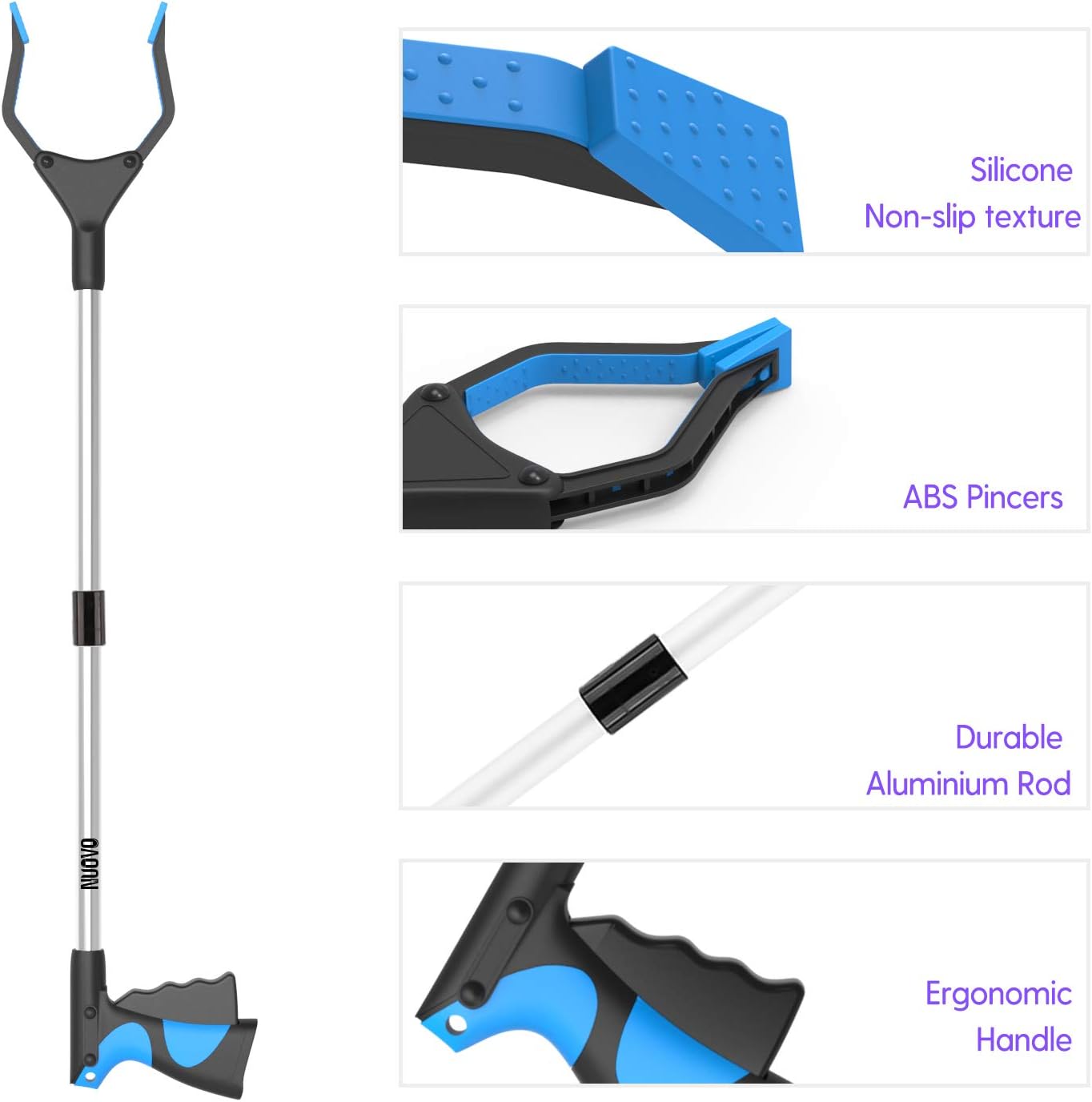 Nuovoware Reacher Grabber Tool, 32" Foldable Handy Pick Up Grabber, Lightweight Long Mobility Aid, Reaching Assist Tool for Items on High Cabinets, Litter Picker, Arm Extension, Blue: Kitchen & Dining