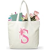 FQPJA Pink Bow Letter Canvas Tote Bag, Monogram Bag Gifts For Girls Friends Teachers Nurses