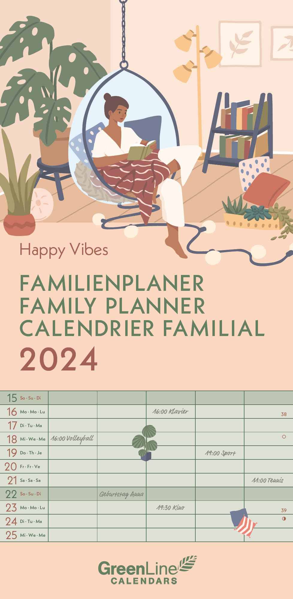 GreenLine Happy Vibes 2024 Family Planner - Family Calendar - Wall Calendar - 22 x 45 cm, Small