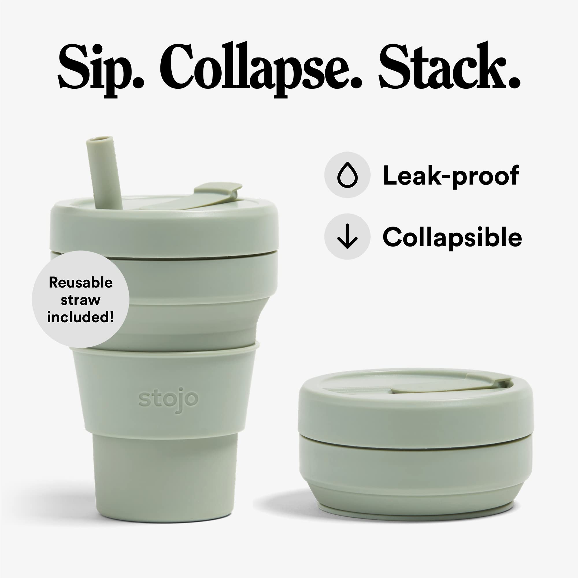 Stojo Collapsible Travel Cup With Straw Sage Green, 16oz / 470ml