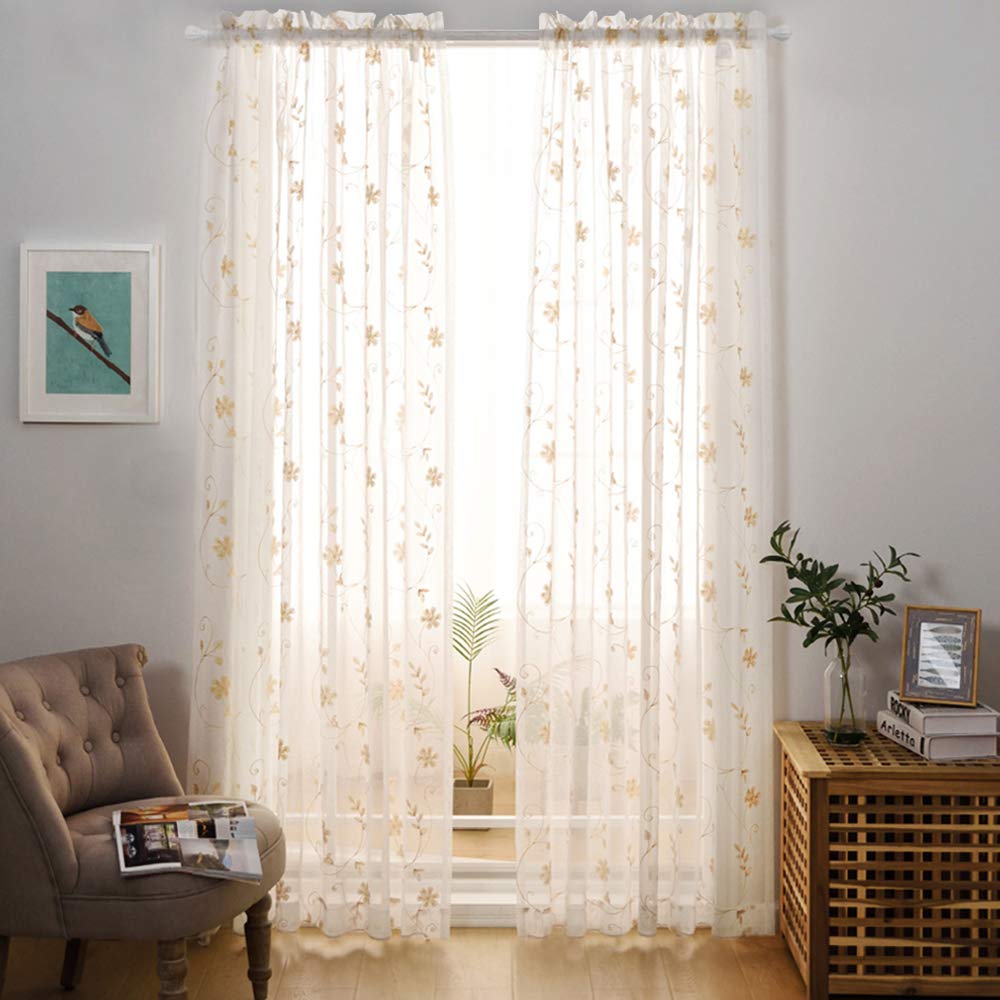 MYSTIC-HOME Embroidery White Sheer Curtains 84 Inches Long, Rod Pocket Sheer Drapes Bedroom, 2 Panels, Semi Crinkle Voile Window Treatments Floral White, 52" Wx84 L