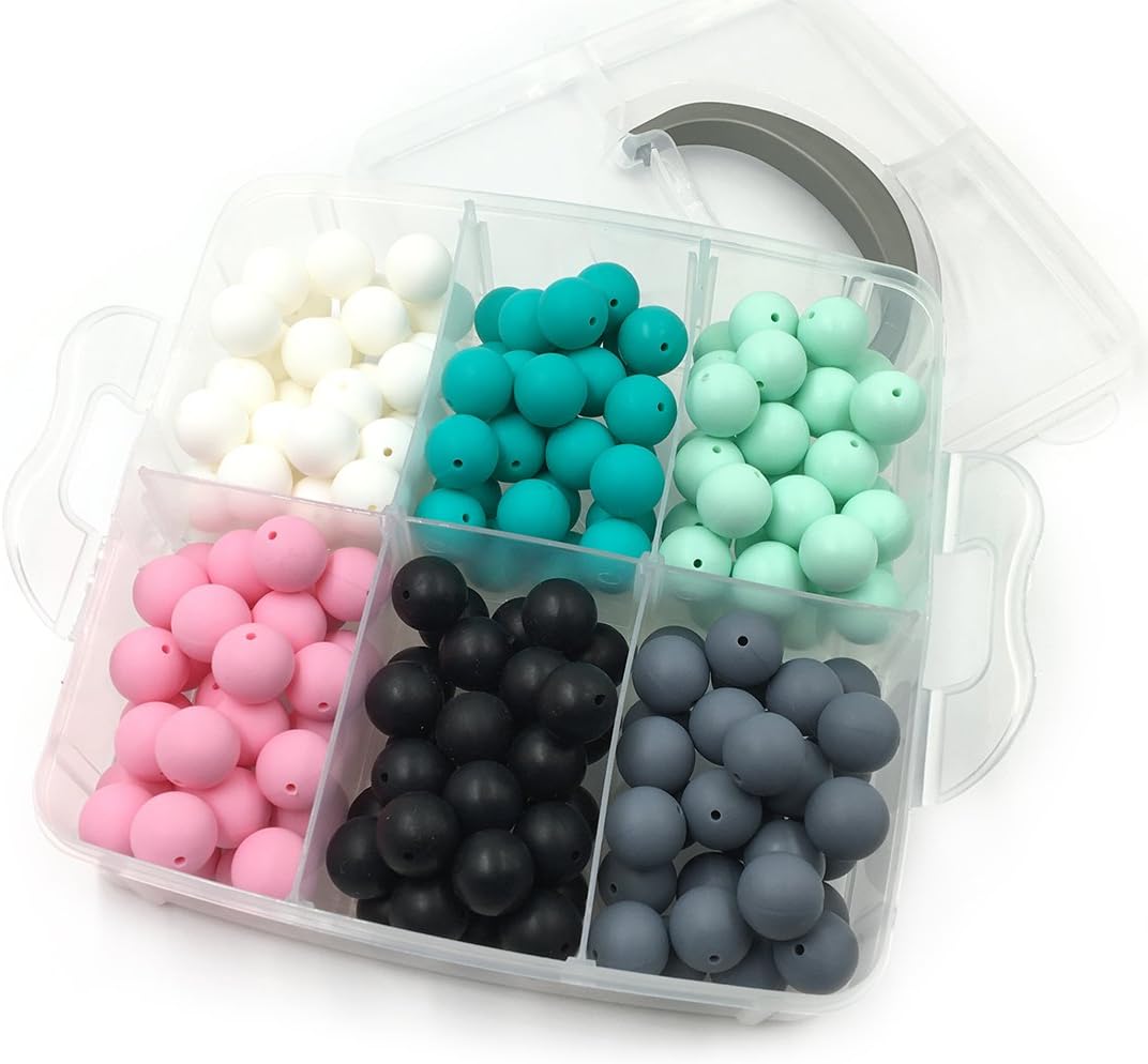 Coskiss DIY Nursing Jewelry Combination Package 180pcs Mixed Color 0.59"(15mm) Natural Round Silicone Beads Baby Teether Toys Set (A115)