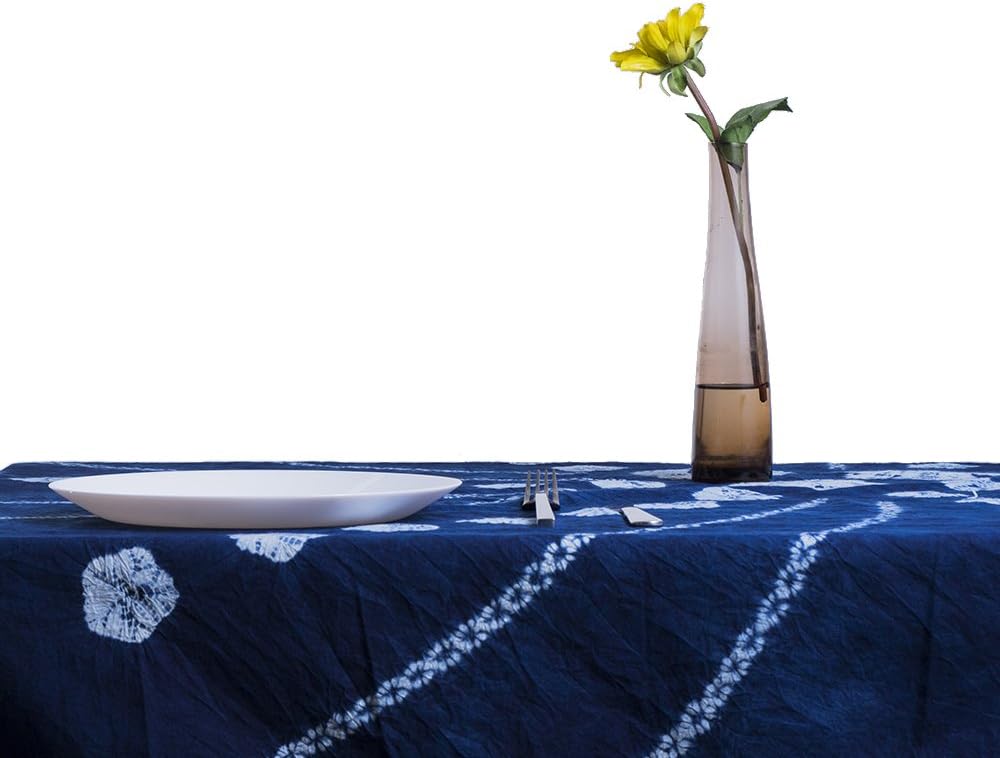 NeoConcept Handmade Tie Dye Blue White Flower Natural Cotton TableCloths, 44" by 44" for Rectangle Table