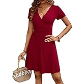 Womens Summer Elegant Mini Dresses Short Sleeve Floral V Neck Casual Beach Vacation Fit Flare A-Line Sun Dress S620