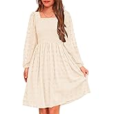 HOSIKA Girls Long Sleeve Dress Swiss Dot Square Neck Smocked Spring Dresses with Pockets 6-14 Years
