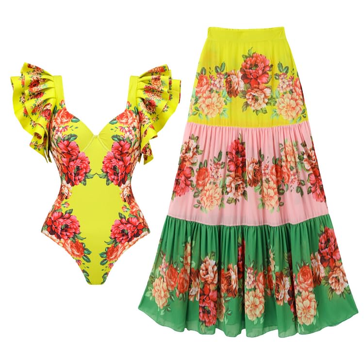 Photo 1 of FLAXMAKER Shoulder Three-Dimensional Ruffles Colorful Flower Print Women's One Piece Swimsuit and Skirt (US, Alpha, Large, Regular, Regular, Swimsuit and Skirt Yellow)
