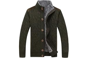 HENGAO Men's Casual Buttons Stand Collar Knitted Splicing Cable Cardigan Sweater