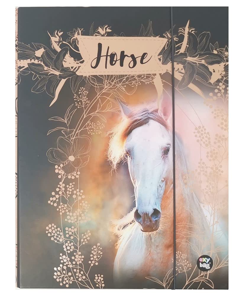 Theonoi Cute Horse Motif Laminated Collector's Box/Notebook Box/Drawing Box/Document Organiser with Elastic Band for Children – DIN A4 (Horse 02)