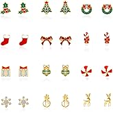 QLYOVWE 6-12 Pairs Christmas Stud Earrings Set for Women Cute Crystal Christmas Tree Santa Claus Stocking Snowflake Snowman Bowknot Reindeer Earrings Chirstmas Party Winter Jewelry Gifts