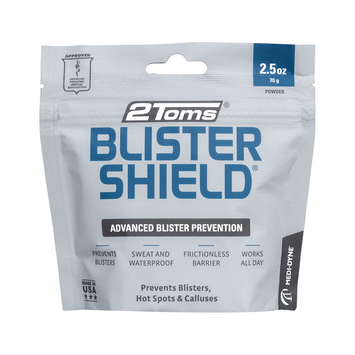 2Toms BlisterShield, Advanced Waterproof Blister Prevention Powder, Friction Free Protection for Feet, Hot Spots, and Calluses, 2.5 Ounce Pouch
