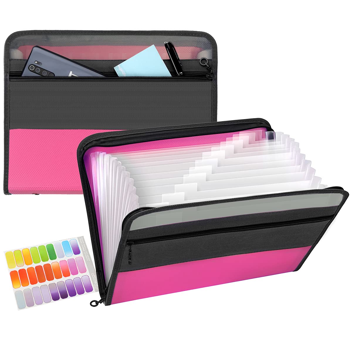 TRANBO Accordion File Organizer with Zipper, 13 Pocket Expanding File Folder with Front Pencil Pouch, Portable Monthly Paper Bill Tax Receipt Organizer, School Office Supplies, Letter Size (Rose Red)