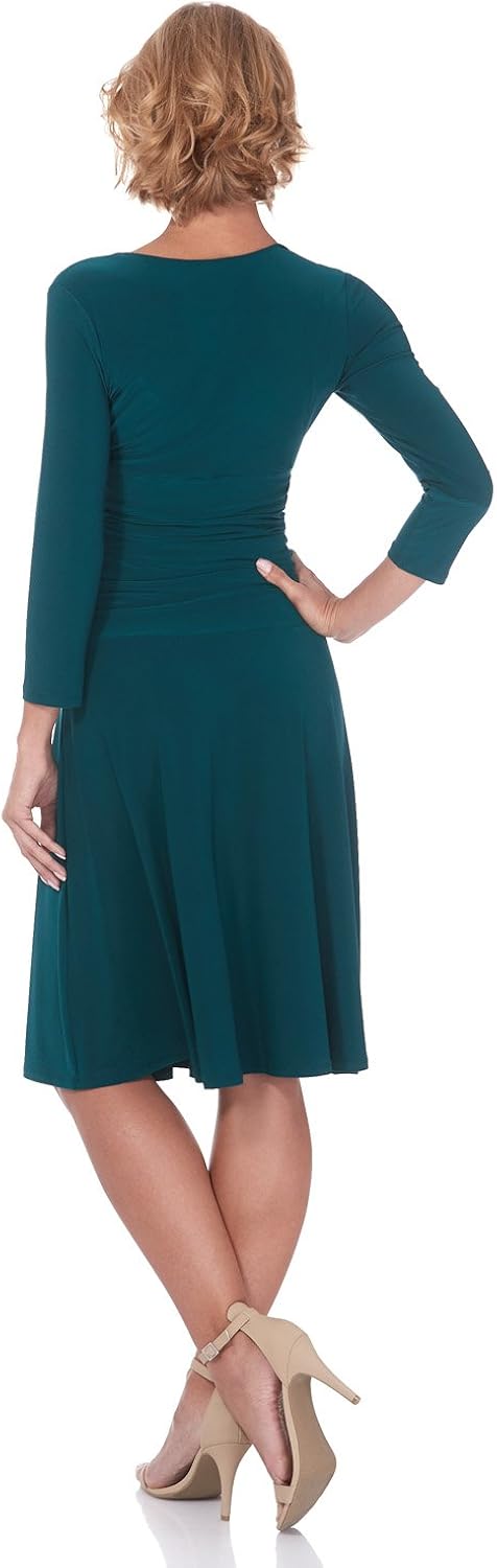 Rekucci Women's Slimming 3/4 Sleeve Fit-and-Flare Crossover Tummy Control Dress at  Women’s Clothing store