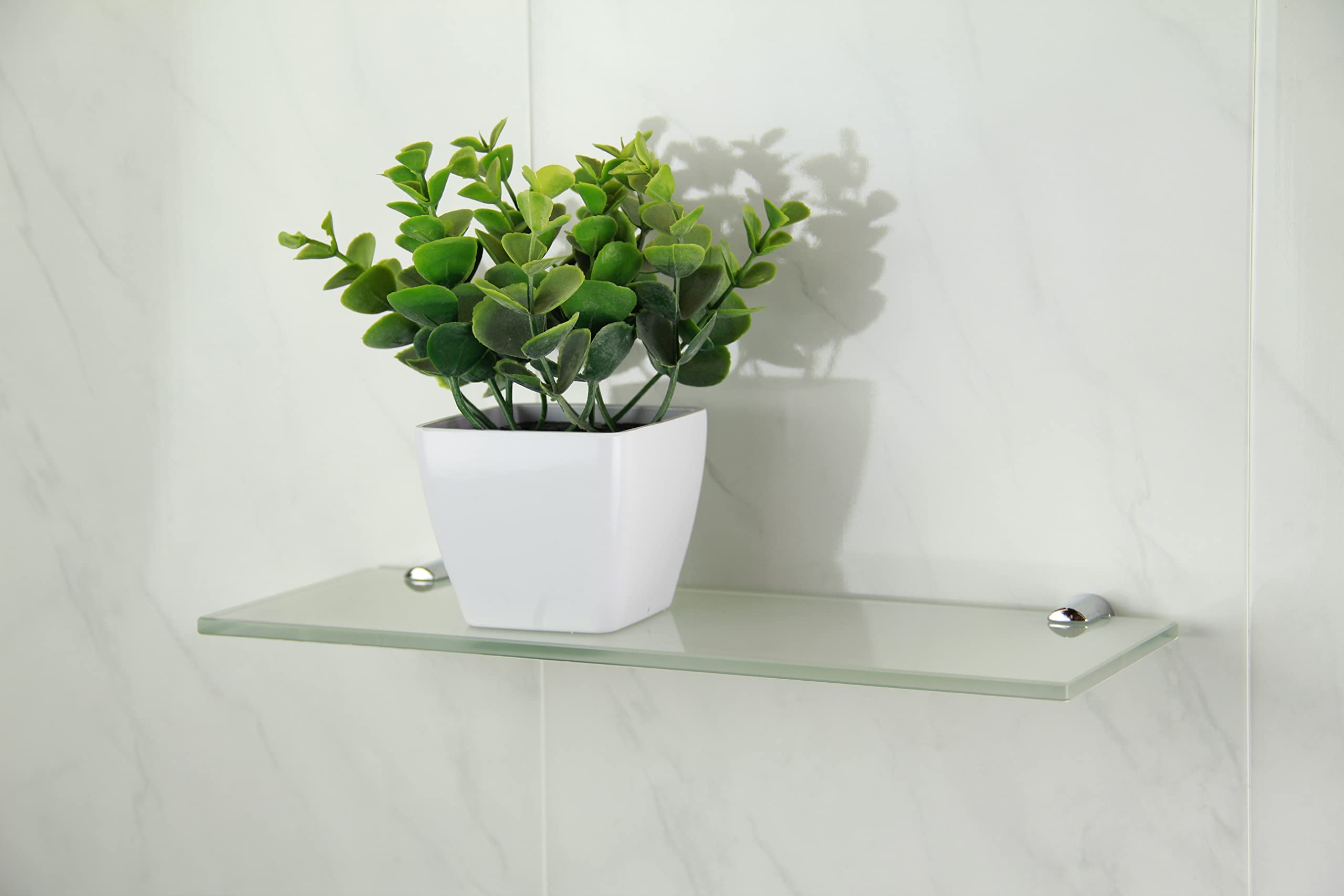BSM Marketing White 6mm Thick Glass Shelf With Two Chrome Finish Brackets 300x100mm Toughened Safety